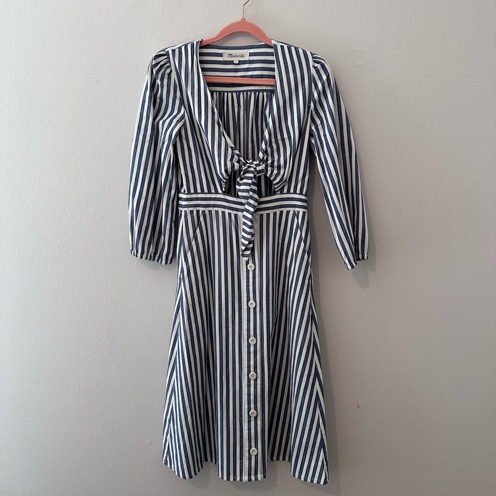 Madewell Tie Front Midi Dress, Blue and White Vertical Stripes